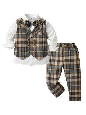 Toddler Boys Long Sleeve Lapel 2-in-1 Shirt and Plaid Pants Formal Suit front image