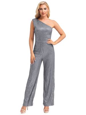 Women One Shoulder Sleeveless Sequins Jumpsuit for Cocktail Party front image
