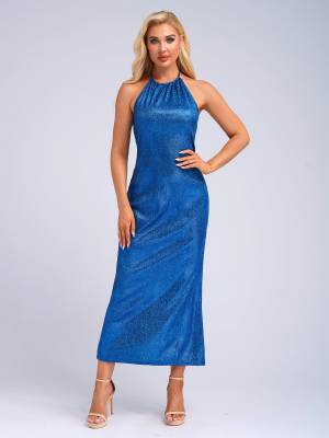 Women Sleeveless Halter Neck Glittery Bodycon Dress for Evening Party front image