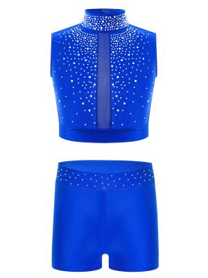 Kids Girls 2pcs Sleeveless Rhinestones Crop Top and Shorts Gymnastic Outfits front image