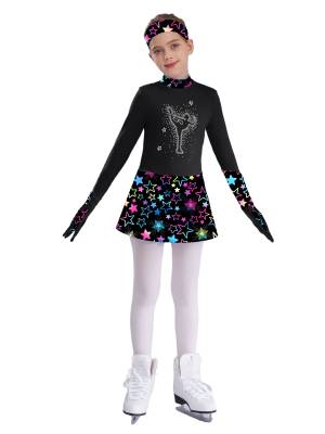Kids Girls Long Sleeve Shiny Rhinestones Skating Dress with Gloves Headband front image