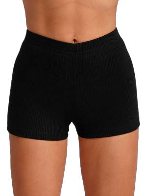 Women High Waist Ribbed Knitted Sports Shorts front image