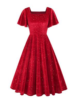 Women Retro Short Sleeve Square Collar Sparkle A-line Dress for Birthday Party front image