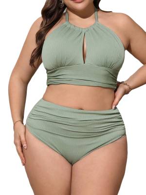 Women Plus Size Swimsuit Halter Neck Tops and Ruched Briefs Bikini Set front image