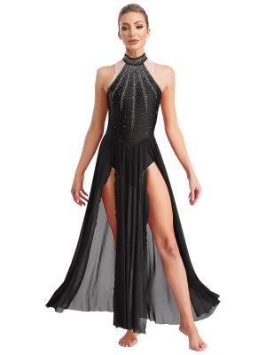 Women Sleeveless Rhinestones High Slit Maxi Dress for Lyrical Dance front image