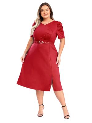 Women V-neck Short Sleeve A-Line Dress with Belt for Banquet Wedding
