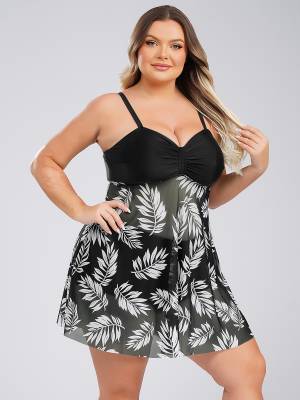 Women 2pcs Plus Size Swimsuit Tropical Print Swim Dress with Shorts Swimming Set front image