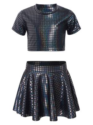 Kids Girls Metallic Plaid Crop Top and Pleated Skirt Cheerleading Dance Outfits front image