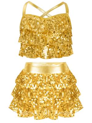 Kids Girls Jazz Dance Costume Sequins Ruffles Cross Back Crop Top with Culottes front image