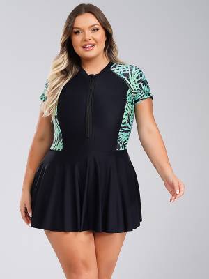 Women Plus Size One Piece Swimsuit Short Sleeve Swim Dress with Built-in Briefs front image