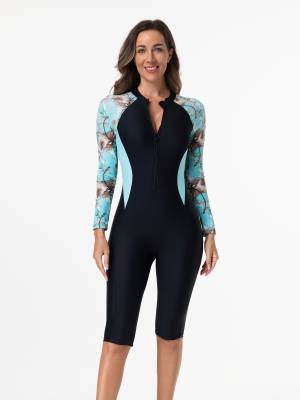Women Long Sleeves Flroal Zipper One Piece Swimsuit Rash Guards front image