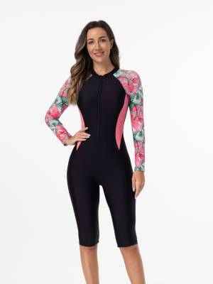 Women Long Sleeves Flroal Zipper One Piece Swimsuit Rash Guards