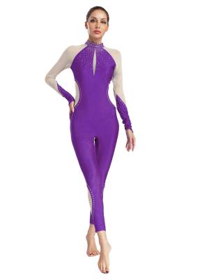 Women Dance Jumpsuit Mock Neck Lon Finger Holes Keyhole Back Full Body Leotard