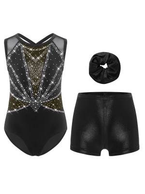 3Pcs Girls Gymnastics Leotard Set Rhinestone Bodysuit Performance Costume front image