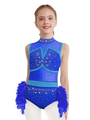 Girls Sleeveless Rhinestone Jazz Dance Leotard Feather Latin Costume Dress front image