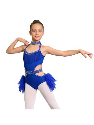 Girls Sleeveless Feather Rhinestone Latin Dance Dress Jazz Dance Leotard front image