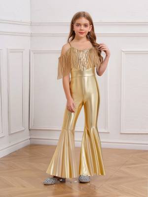 Girls Sequin Party Jumpsuit Spaghetti Strap High Waist Flared Leg Prom Costume front image