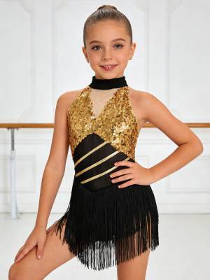 Girls Sequin Tassels Latin Dance Dress Cha-cha Sleeveless Salsa Dance Costume front image