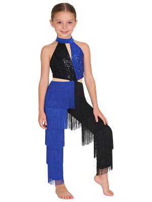 Girls Sequined Tassel Latin Dance Jumpsuit Sleeveless Jazz Disco Leotard front image