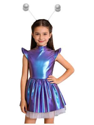 Girls Iridescent 2-Piece Alien Costume Mock Neck Tutu Dress for Halloween front image