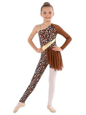 Kids Cavegirl Gymnastics Leotard Leopard Print Asymmetrical Jumpsuit front image