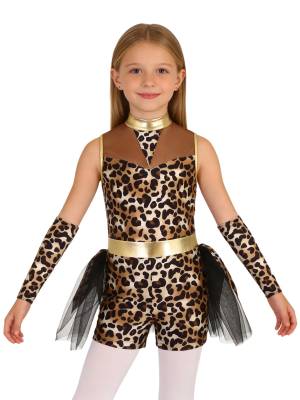 Girls Caveman Leopard Print Romper Mesh Tutu Costume with Gloves for Halloween front image
