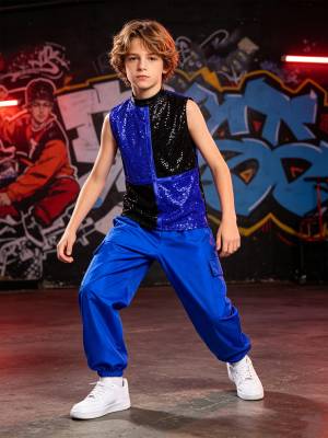Boys Metallic Sequin Jazz Hip Hop Dance Set Sleeveless Top with Cargo Pants front image