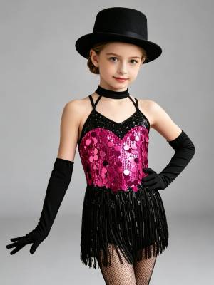 Girls Sequin Latin Fringe Dance Dress with Matching Gloves for Stage Competition front image