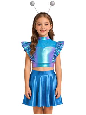 Kids Girls Outfit Metallic Costume Carnival Set Dancewear Cosplay Stage Alien front image