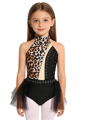Kids Girls Caveman Costume Ballet Outfit Leotard Sparkly Jumpsuit Keyhole Back front image