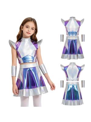 CHICTRY Girls 3 Pieces Halloween Alien Cosplay Costume Outer Space Cutie Outfit Cap Sleeve Glossy Metallic Color Block Short Top and Skirt with Oversleeves for Role Play Party front image