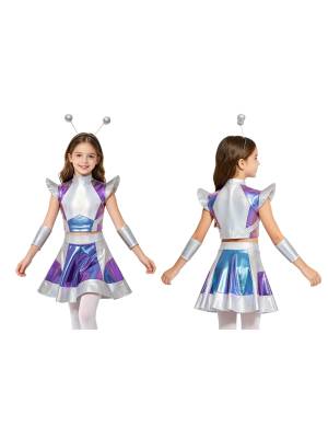 CHICTRY Girls 4 Pieces Halloween Alien Cosplay Costume Outer Space Cutie Outfit Cap Sleeve Glossy Metallic Top and Skirt with Oversleeves and Hair Hoop for Role Play Party front image