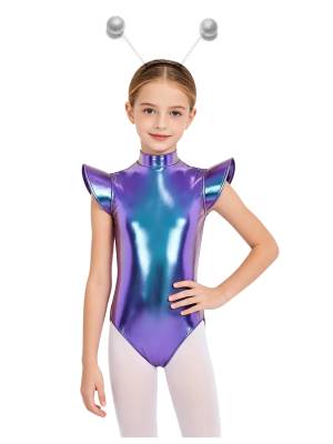 Girls Metallic Cap Sleeve Alien Cosplay Leotard with Hair Hoop for Halloween front image