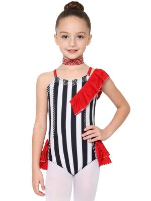 Girls Sequin Striped Circus Ringmaster Costume Bodysuit & Choker for Halloween front image